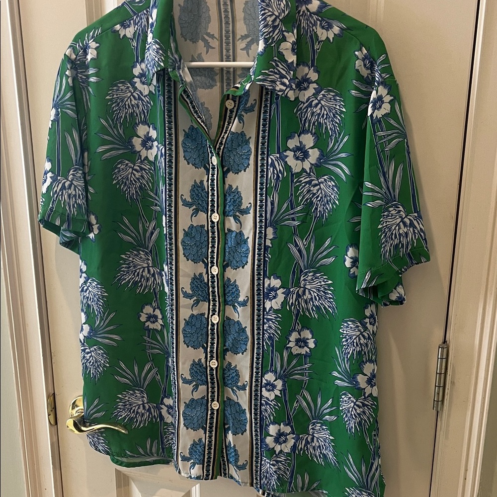Flying Tomato Green and Blue Floral Short-Sleeve Button-Down